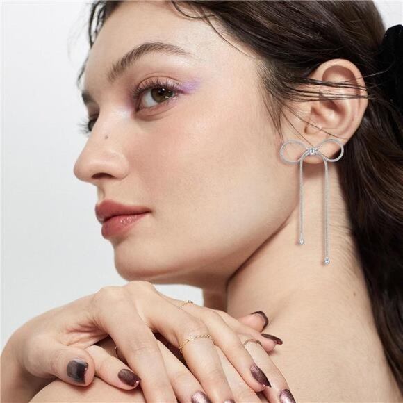 Silver Bow Earrings – White Gold Plated, Dangle Tassel Design - Picture 2 of 7